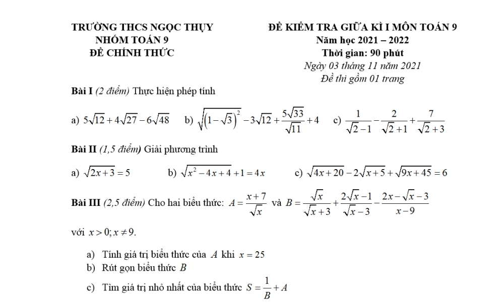 Toán 9: Đề kiểm tra giữa học kỳ 1. Trường THCS Ngọc Thụy năm học 2021-2022